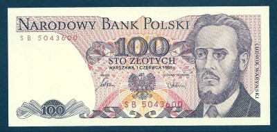 1986 r. Banknot 100 zł Seria SB. UNC