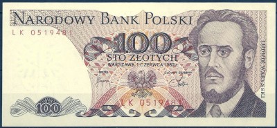 1982 r. Banknot 100 zł Seria LK. UNC