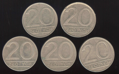 Polska 20 złoty 84,85,86,87,88 (śr.26,5 mm)