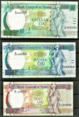 MALTA 1967{1994}-zestaw 3 banknot&oacute;w 2,5 i 10 lira!