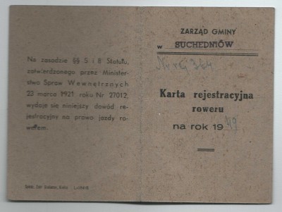 Karta rejestracyjna roweru 1949 rok