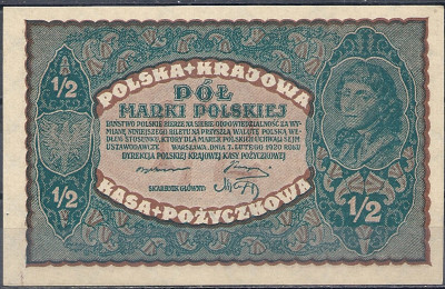 1920 r. 1/2 MarkI Polskiej . UNC