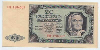 BANKNOT 20 ZŁOTYCH 1948 SERIA FH