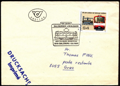 Austria FDC 1986 Mi 1854 Centenary of Salzburg Local Railway