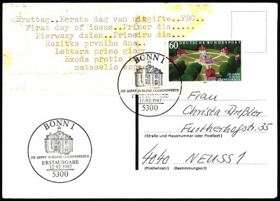 Niemcy (BRD) FDC 1987 Mi 1312 250th Anniv. of Castle Clemens