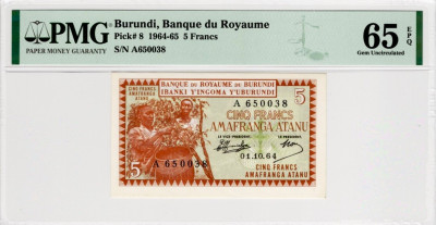 KR&Oacute;LESTWO BURUNDI 1964,P8-PMG 65  UNC -  RZADKI!