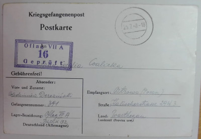 Kartka Obozowa - List - Oflag VII A 19 Gepruft - 1940r.