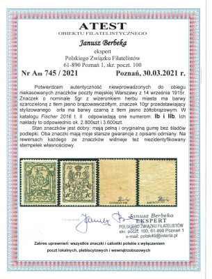 Fi Ib i IIb ** - poczta miejska Warszawa 1915 Atest Berbeka