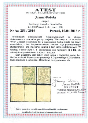 Fi Ic i IIb ** - poczta miejska Warszawa 1915 Atest Berbeka