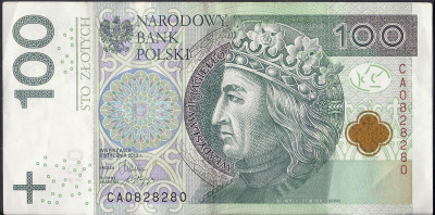 2012 r. Banknot 100 zł Seria CA 0828280  UNC -1 Radar
