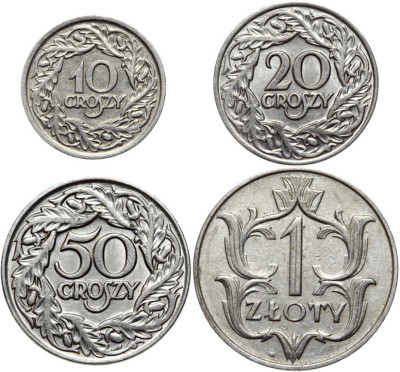 Polska II RP - Zestaw 4 monety 10 20 50 gr. 1923 + 1 zł.