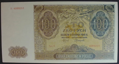 100 zł &ndash; 1 sierpnia 1941 r. Seria A 4089253